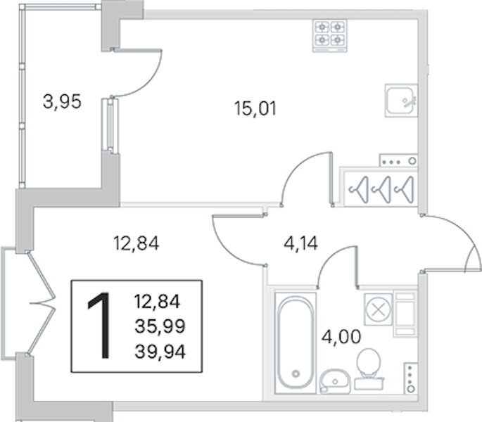 1-комнатная квартира 35.99 м², 3/4 эт., ЖК «Любоград в Стрельне»